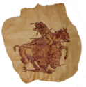 photo of buffalo hunter hand-carved into leather skin, gifted to late aurthor Norma Sluman