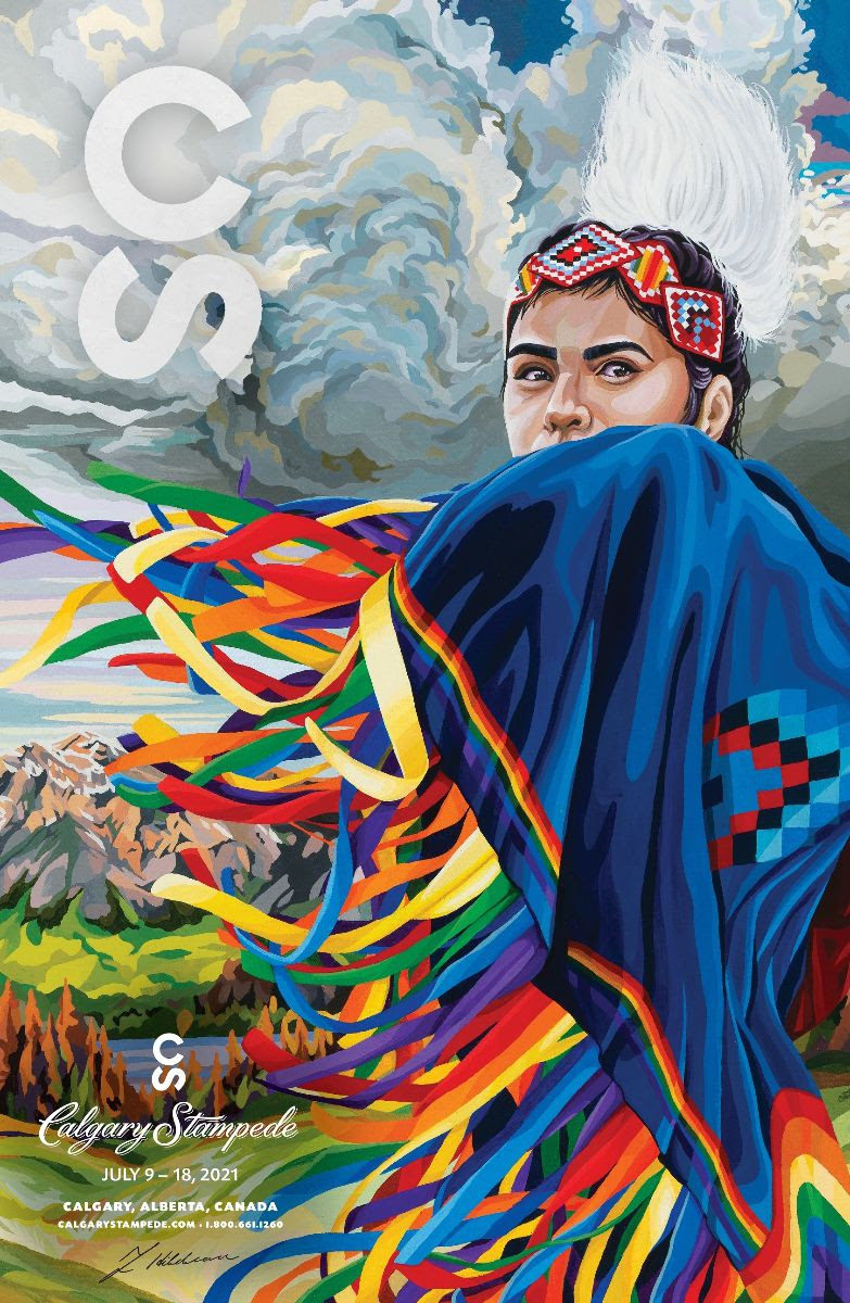 Poster for Calgary Stampede 2021 shows Fancy shawl dancer Katari Right Hand with rainbow ribbons trailing from her regalia
